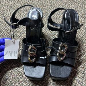 Zara Black Sandals with Metallic Detail, US Womens Size 8, NWT